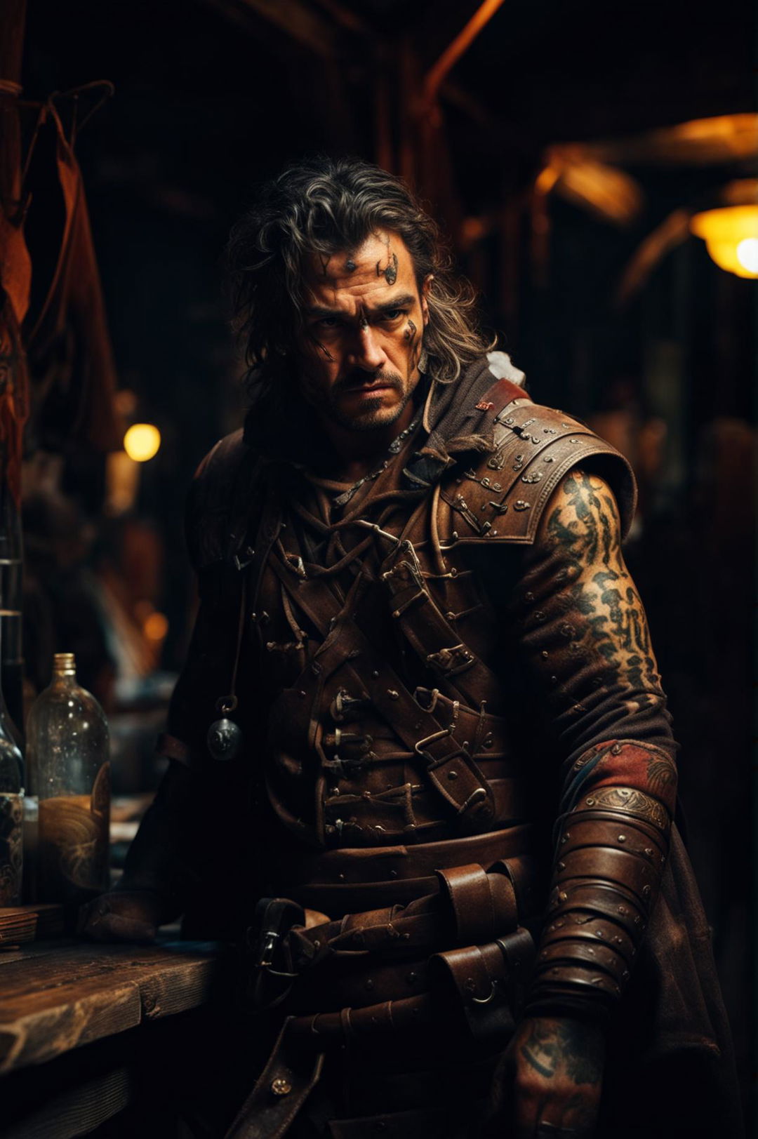 This 32k HD photograph features a mysterious, sword-wielding bandit in a bustling tavern