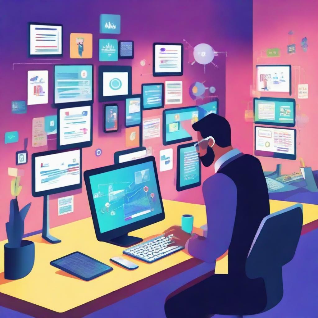 Conceptual image of a social media manager multitasking - managing multiple screens, communicating, creating engaging content and analyzing data at a vibrant high-tech workstation.