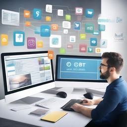 Conceptual image of a social media manager multitasking - managing multiple screens, communicating, creating engaging content and analyzing data at a vibrant high-tech workstation.