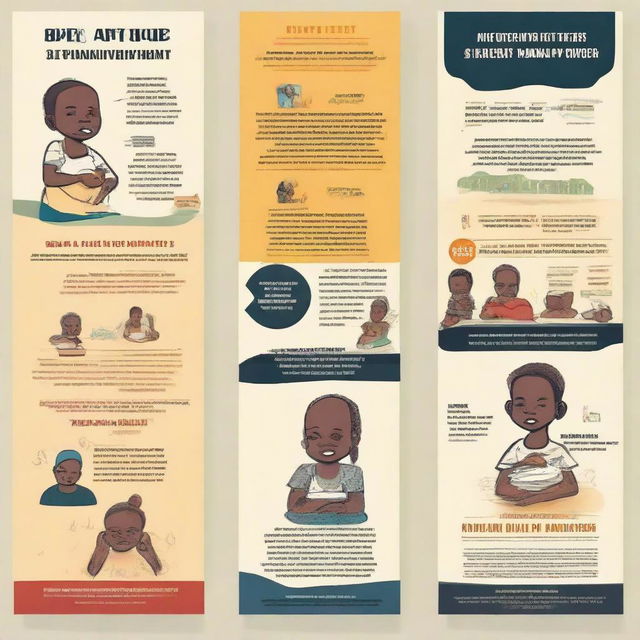 Generate a series of four posters each highlighting a different social issue: 1. Malnourishment, 2. Informal Settlers, 3. Unemployment, 4. Out-of-school children/youth. Each poster should shine a light on the issue and encourage awareness and action.