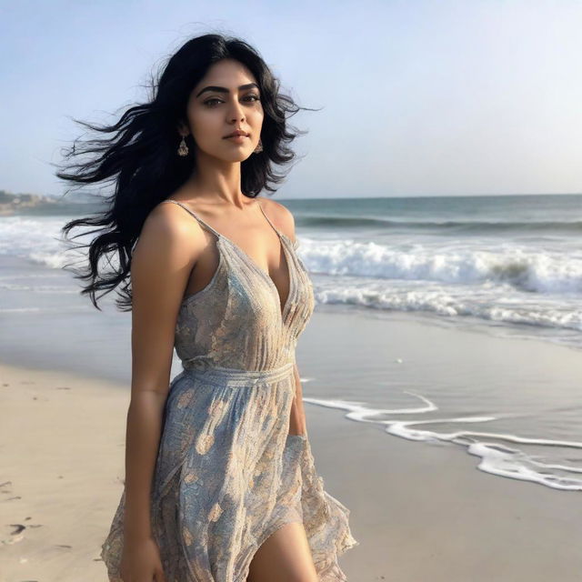 Indian actress Mrunal Thakur at the beach, her attire flowing with the ocean breeze. She is standing near the shoreline, gazing out at the vast ocean.