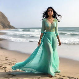 Indian actress Mrunal Thakur at the beach, her attire flowing with the ocean breeze. She is standing near the shoreline, gazing out at the vast ocean.