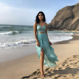 Indian actress Mrunal Thakur at the beach, her attire flowing with the ocean breeze. She is standing near the shoreline, gazing out at the vast ocean.