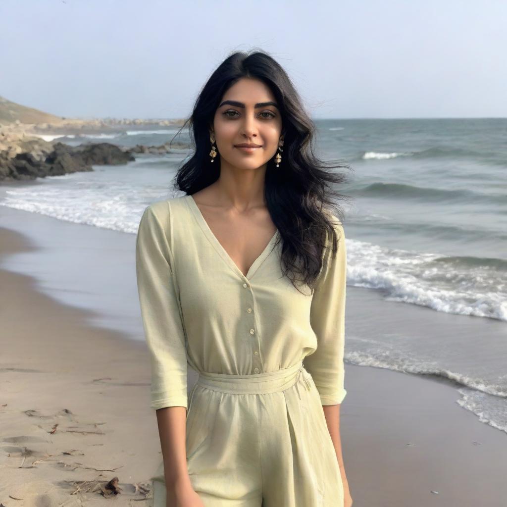 Indian actress Mrunal Thakur at the beach, wearing a light, breezy outfit. She is standing near the water's edge and happily looking out towards the sea.