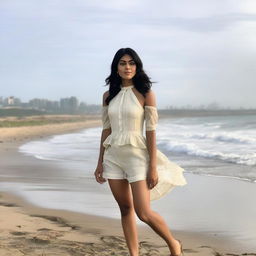 Indian actress Mrunal Thakur at the beach, wearing a light, breezy outfit. She is standing near the water's edge and happily looking out towards the sea.