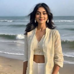 Indian actress Mrunal Thakur at the beach, wearing a light, breezy outfit. She is standing near the water's edge and happily looking out towards the sea.