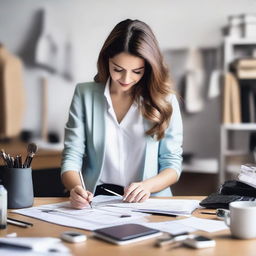 A concept image of a woman entrepreneur in the fashion accessories industry multitasking - designing, marketing, and managing sales at her stylish atelier.