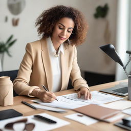 A concept image of a woman entrepreneur in the fashion accessories industry multitasking - designing, marketing, and managing sales at her stylish atelier.