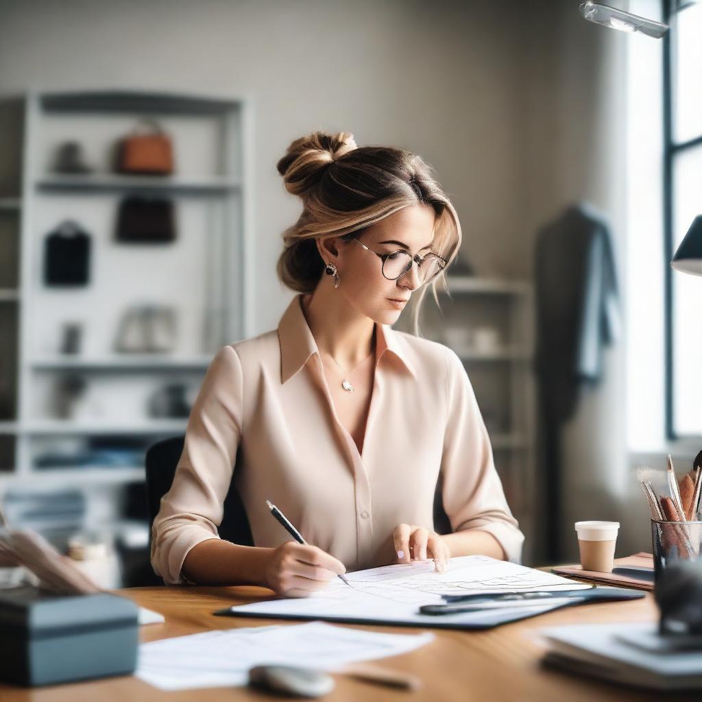 A concept image of a woman entrepreneur in the fashion accessories industry multitasking - designing, marketing, and managing sales at her stylish atelier.