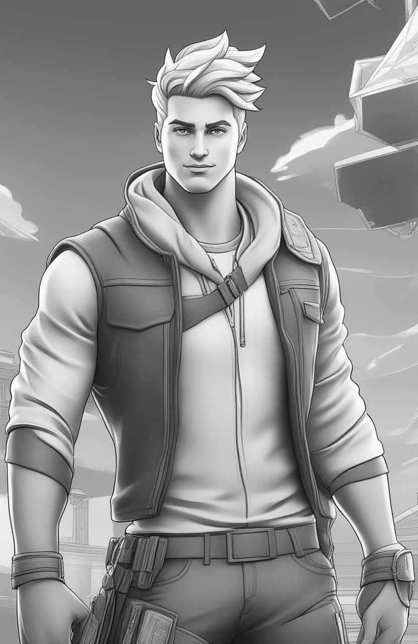 The image is a high-quality digital art piece, designed as an adult coloring page featuring a blonde male character from Fortnite