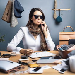 A concept image of a woman entrepreneur multitasking. She is surrounded by fashion accessories including bags, scarves, jewellery, and sunglasses, crafting innovative designs and growing her business.