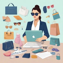 A concept image of a woman entrepreneur multitasking. She is surrounded by fashion accessories including bags, scarves, jewellery, and sunglasses, crafting innovative designs and growing her business.