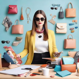 A concept image of a woman entrepreneur multitasking. She is surrounded by fashion accessories including bags, scarves, jewellery, and sunglasses, crafting innovative designs and growing her business.