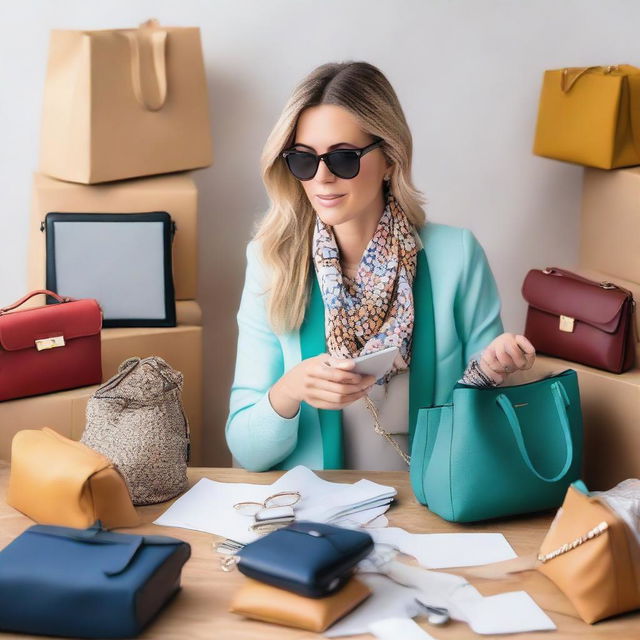 A concept image of a woman entrepreneur multitasking amongst bags, scarves, jewelry, and sunglasses. She's energetically creating content for her fashion accessories business.