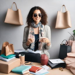 A concept image of a woman entrepreneur multitasking amongst bags, scarves, jewelry, and sunglasses. She's energetically creating content for her fashion accessories business.