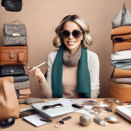 A concept image of a woman entrepreneur multitasking amongst bags, scarves, jewelry, and sunglasses. She's energetically creating content for her fashion accessories business.