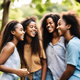 A diverse group of girls laughing and chatting in a park. They are radiant and happy, truly displaying a bond of friendship.