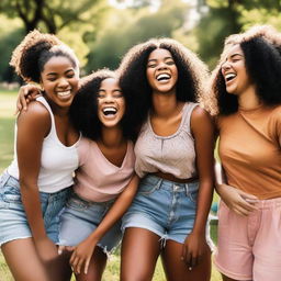 A diverse group of girls laughing and chatting in a park. They are radiant and happy, truly displaying a bond of friendship.