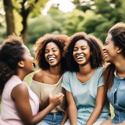 A diverse group of girls laughing and chatting in a park. They are radiant and happy, truly displaying a bond of friendship.