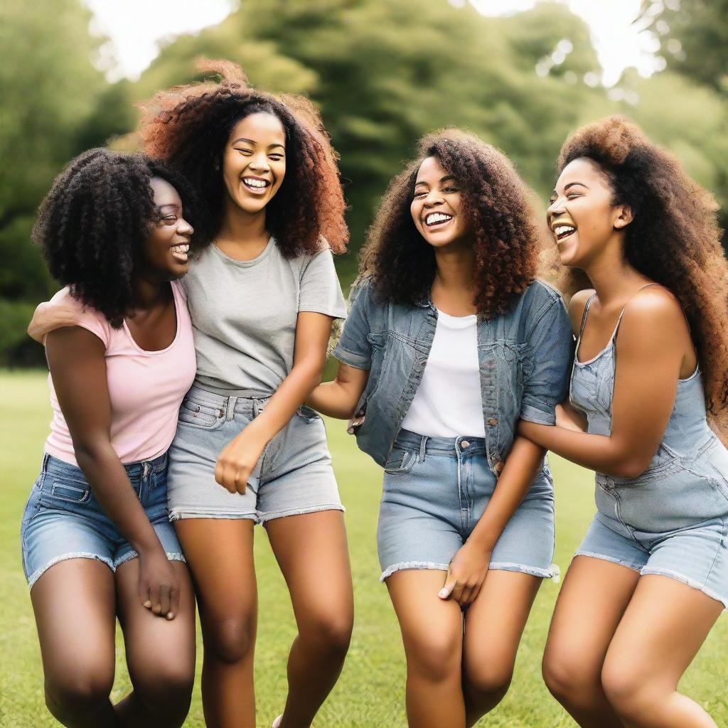 A diverse group of girls laughing and chatting in a park. They are radiant and happy, truly displaying a bond of friendship.