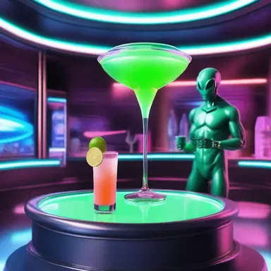 In the futuristic space station, the bartender served a holographic daiquiri to the alien visitors.