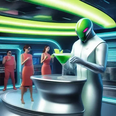 In the futuristic space station, the bartender served a holographic daiquiri to the alien visitors.