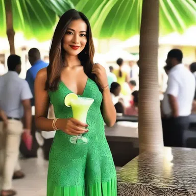 The fashionista at the party held a beautifully crafted daiquiri as a trendy accessory to complement her outfit.