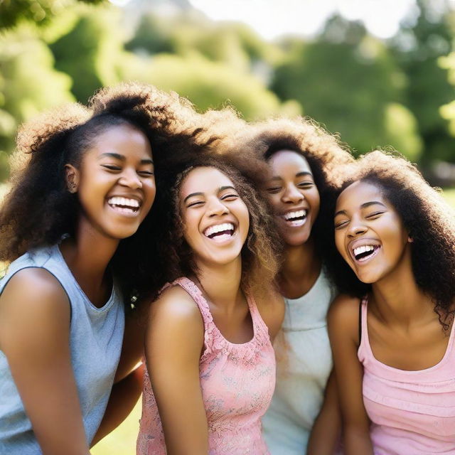 A group of diverse girls laughing and having fun in a brightly lit park during summer.