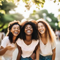 A group of diverse girls laughing and having fun in a brightly lit park during summer.