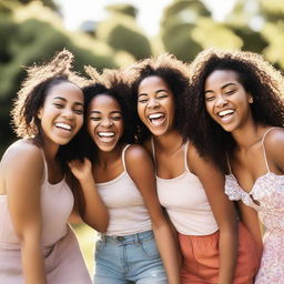 A group of diverse girls laughing and having fun in a brightly lit park during summer.