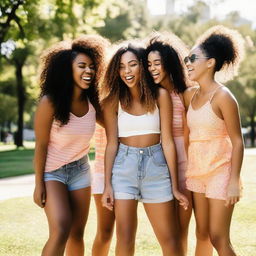 A group of diverse girls laughing and having fun in a brightly lit park during summer.