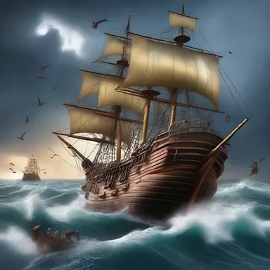 The crew of the pirate ship battled against the spoondrift created by the stormy sea as they searched for the hidden treasure.