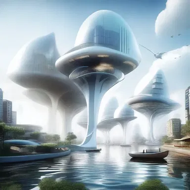 In the futuristic city, the floating buildings were constantly surrounded by spoondrift that added an ethereal touch to the landscape.