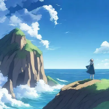 The anime character stood on the edge of the cliff, mesmerized by the magical spoondrift rising from the sea, signaling the beginning of an epic adventure.