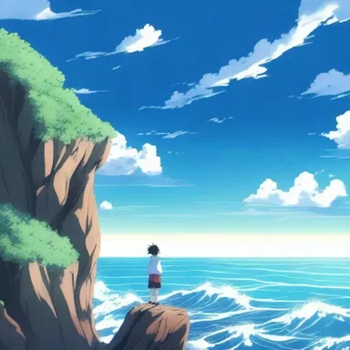 The anime character stood on the edge of the cliff, mesmerized by the magical spoondrift rising from the sea, signaling the beginning of an epic adventure.