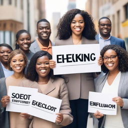 A diverse group of people with expressions of determination and hope, holding 'seeking employment' signs in a city setting