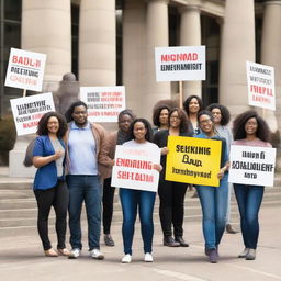 A diverse group of people with expressions of determination and hope, holding 'seeking employment' signs in a city setting