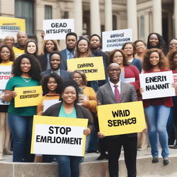 A diverse group of people with expressions of determination and hope, holding 'seeking employment' signs in a city setting