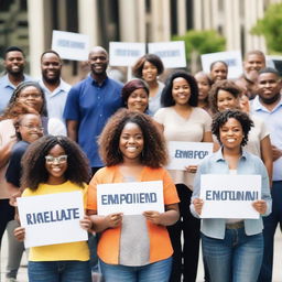 A diverse group of people with expressions of determination and hope, holding 'seeking employment' signs in a city setting