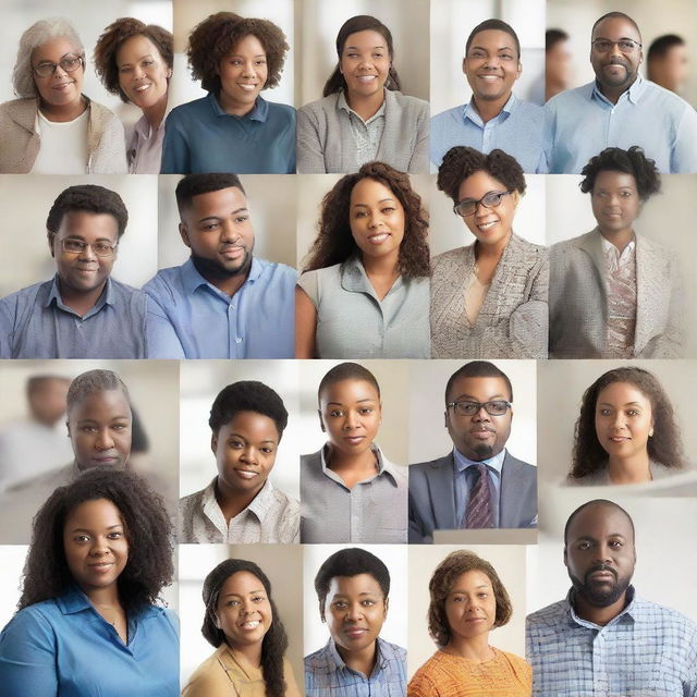 A combination of images showing unemployed individuals participating in job fairs, networking events, and workshops, intertwined with close-ups of their determined faces