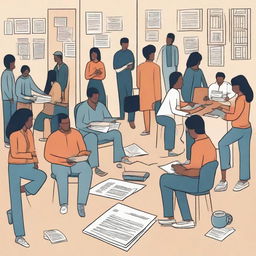 A detailed scene showing a diverse group of people in various states of unemployment, some navigating job applications and others reflecting quietly in home offices or public spaces like libraries