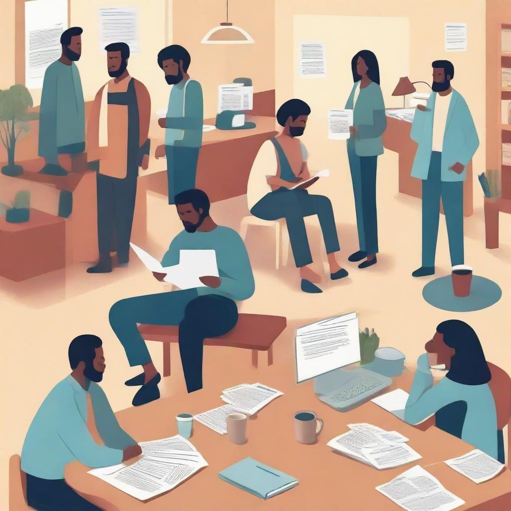 A detailed scene showing a diverse group of people in various states of unemployment, some navigating job applications and others reflecting quietly in home offices or public spaces like libraries