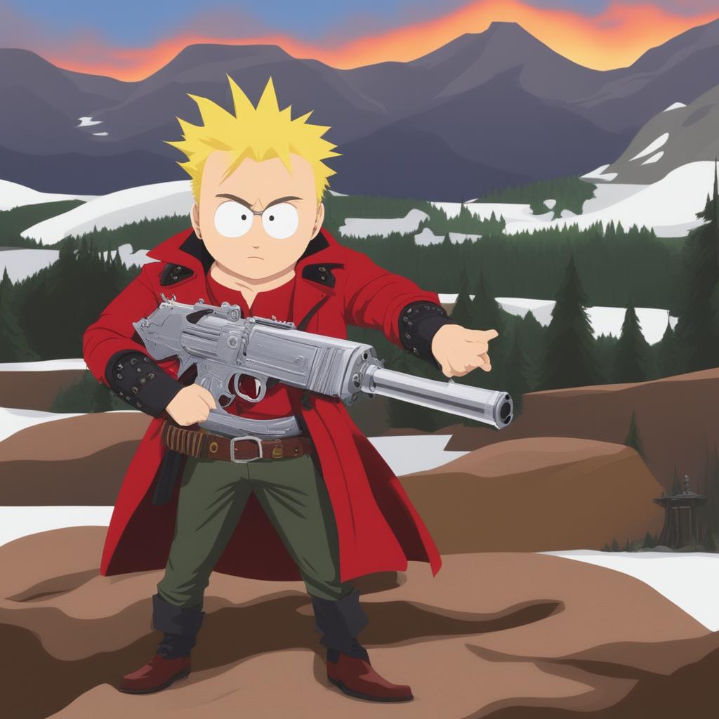 A high-quality digital art image of Vash the Stampede from Trigun as a South Park character