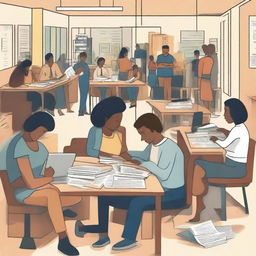 A detailed scene showing a diverse group of people in various states of unemployment, some navigating job applications and others reflecting quietly in home offices or public spaces like libraries