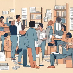 A detailed scene showing a diverse group of people in various states of unemployment, some navigating job applications and others reflecting quietly in home offices or public spaces like libraries