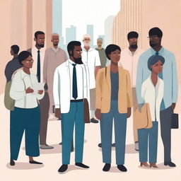 A poignant scene capturing a variety of unemployed individuals from diverse backgrounds, demonstrating resilience and determination as they search for jobs, attend interviews, and network in public spaces