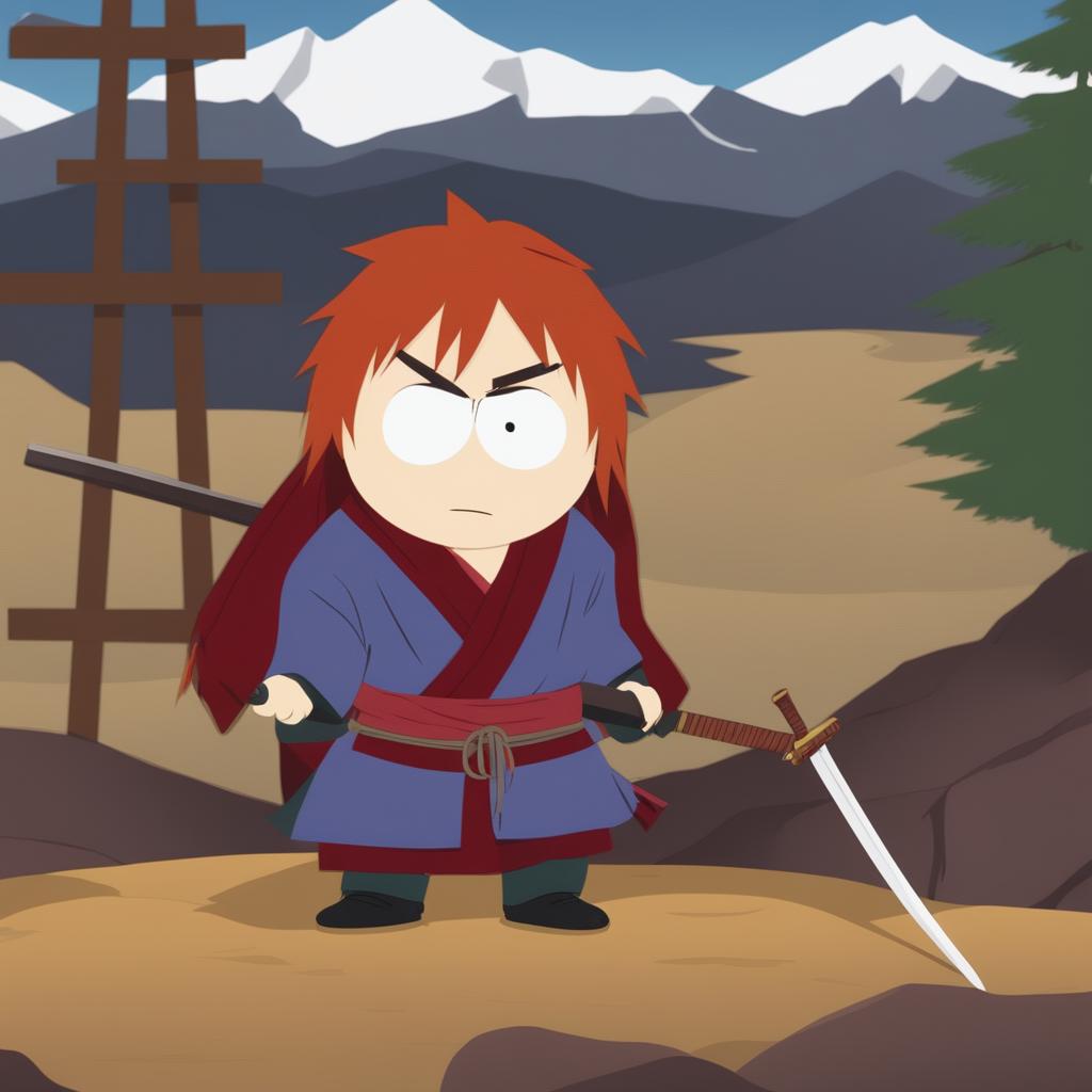 A high-quality digital art image of Kenshin Himura from Rurouni Kenshin as a South Park character