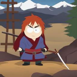 A high-quality digital art image of Kenshin Himura from Rurouni Kenshin as a South Park character