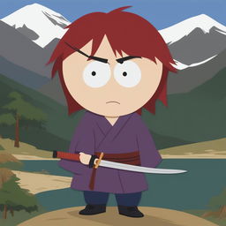 A high-quality digital art image of Kenshin Himura from Rurouni Kenshin as a South Park character