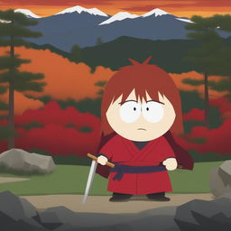 A high-quality digital art image of Kenshin Himura from Rurouni Kenshin as a South Park character